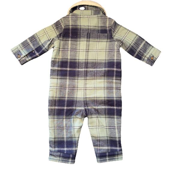 Carter's Baby One-Piece Sz 9 M Green And Navy Plaid Fleece Lined Baby Jumpsuit‎ - Picture 2 of 8